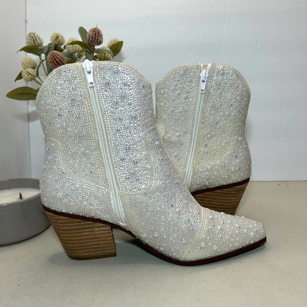 Betsey Johnson SB-Diva Pearl Short Boot Western Cowgirl Women 8 NWB Bridal - Picture 7 of 13